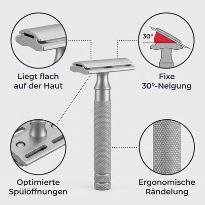 EdgeOne Features: Liegt flach auf der Haut, fixe 30-Grad-Neigung, Spülöffnungen, ergonomische Rändelung